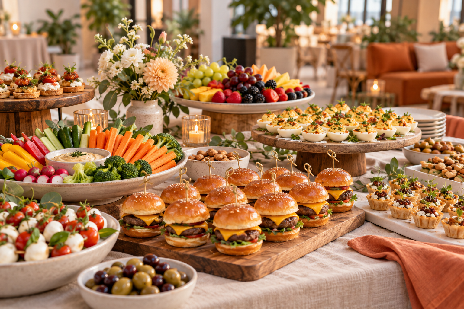 Party table with cheeseburger sliders, deviled eggs, vegetables, fruit, and bite-size appetizers