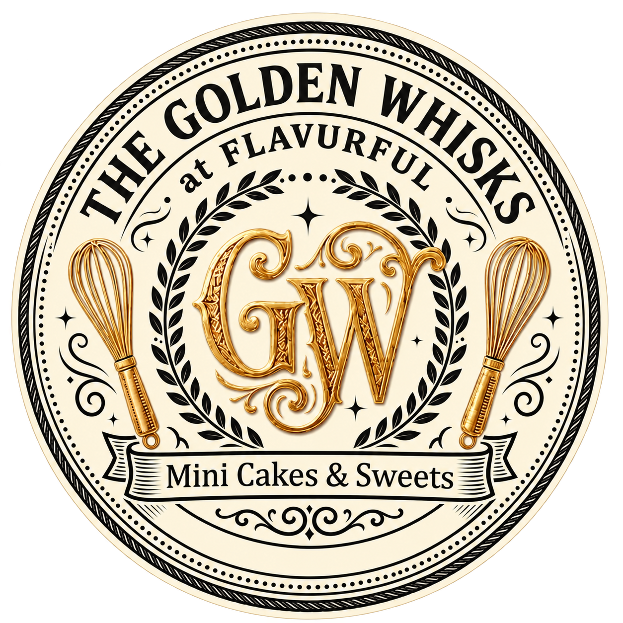 The Golden Whisks at Flavurful — Mini Cakes & Sweets. Gold GW monogram with two whisks and a decorative circular border.